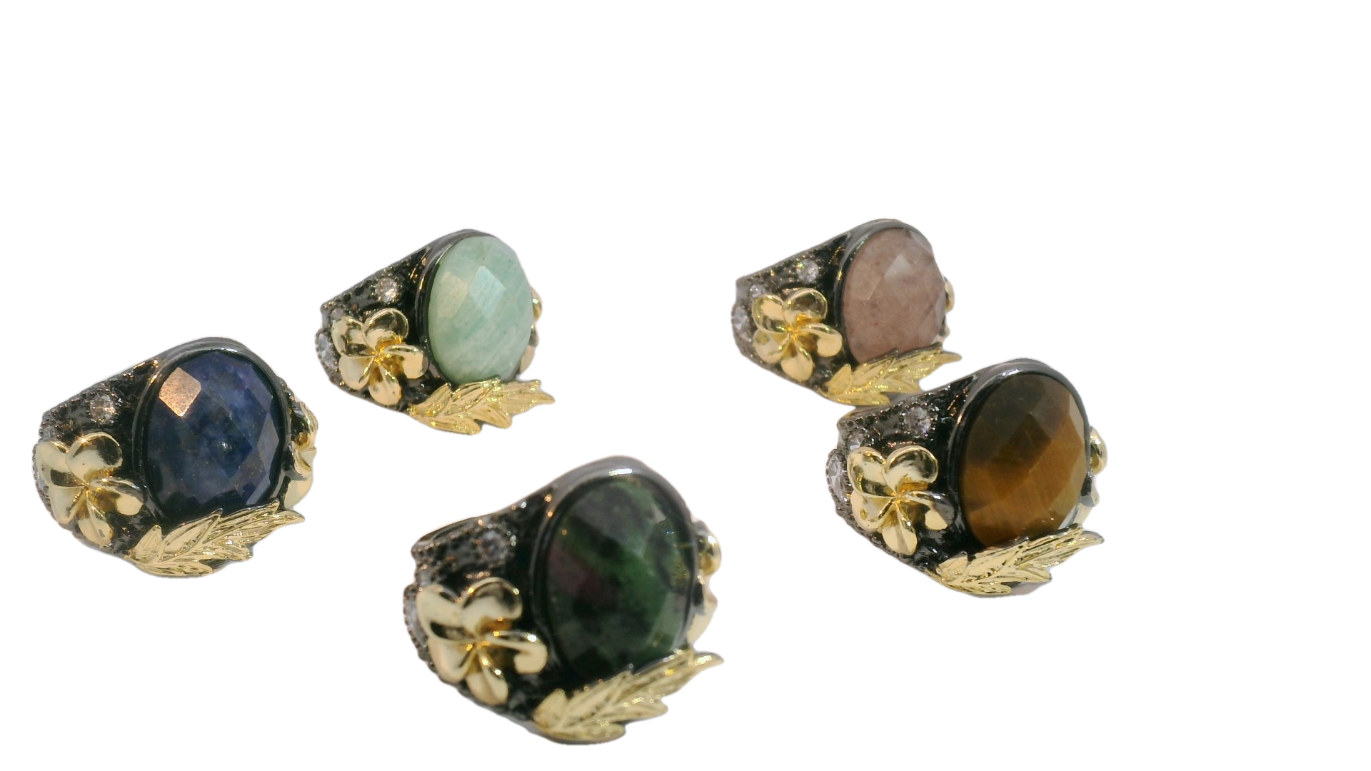Anillo Negro con Dorado Piedra Obalada y Zirc.